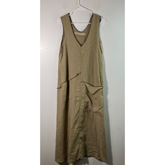 Womens Cynthia Ashby‎ Linen Lagenlook Midi Dress Jumper Brown S Linen Pockets - Picture 1 of 11
